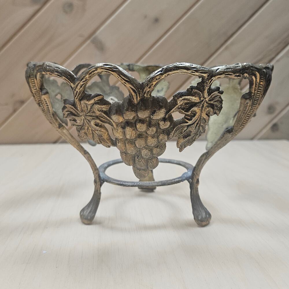 Vintage Brass Plant Bowl Pot Holder Grape Cluster India Collectible Home Decor
